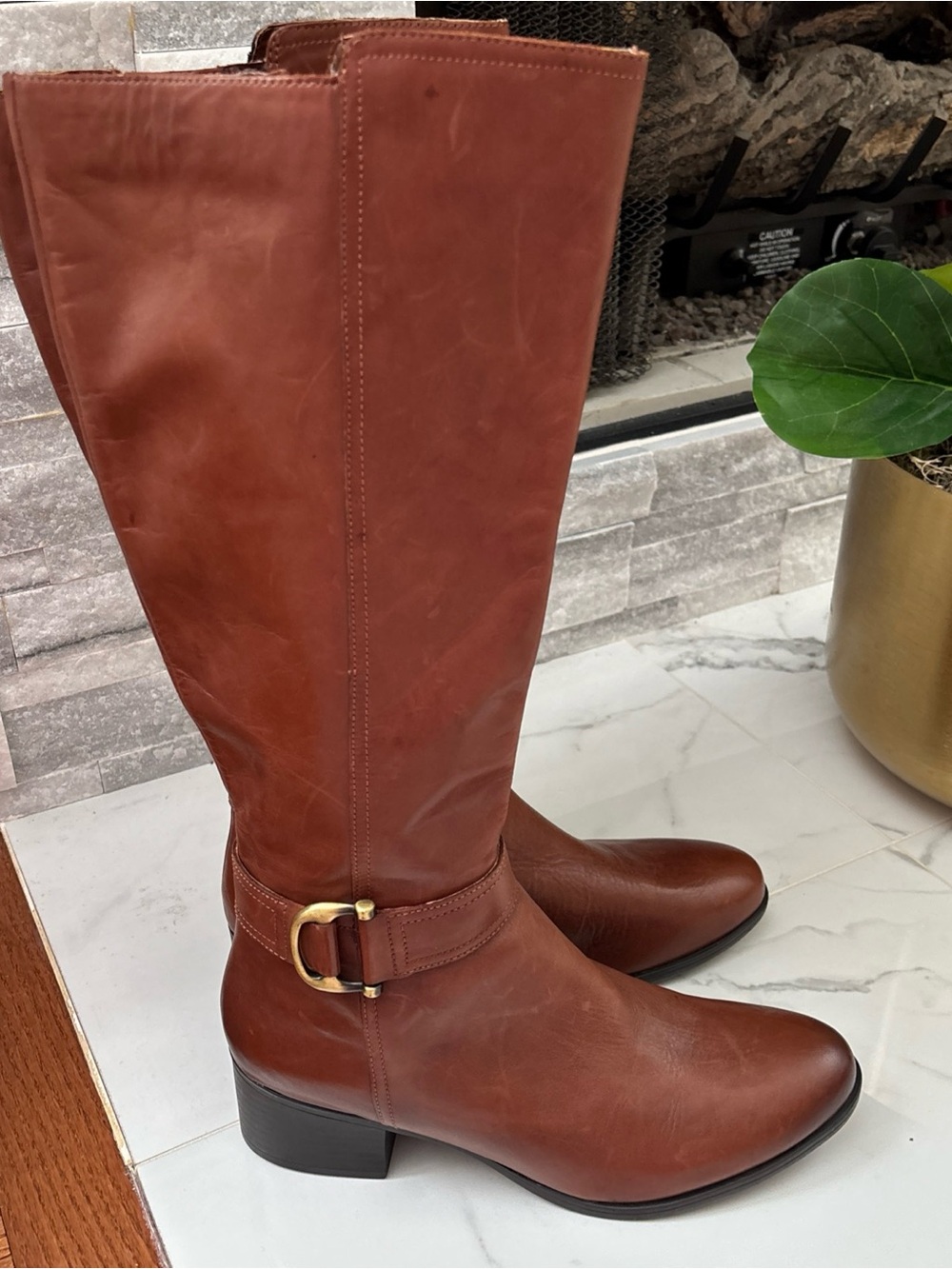 Naturalizer Women's Tall Chestnut Brown Leather Riding Boots with Gold Buckle 11